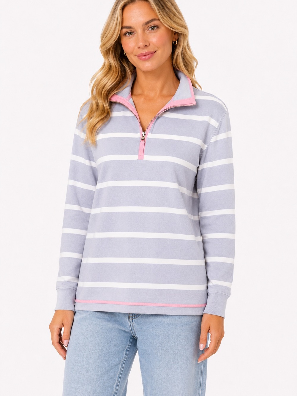 WoolOvers Size Large Striped Half-Zip Pullover Top in Light Lavender and White